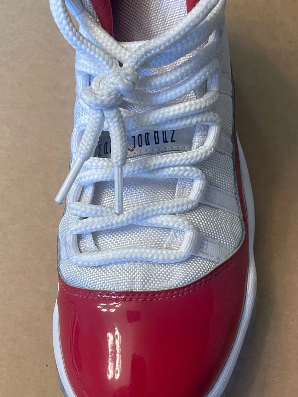 Jordan Kids White & Red Low-Top Sneakers with Glossy Patent Toe
